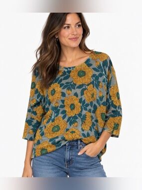 Nice Things Paloma S Floral Knit Sweater Top Mustard Teal Size M
